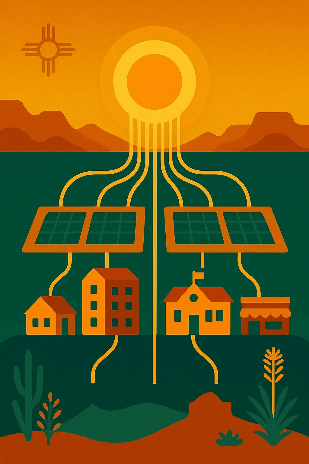 Solar panels feed clean energy into homes, apartments, schools, and storefronts via radiant light from the sun.